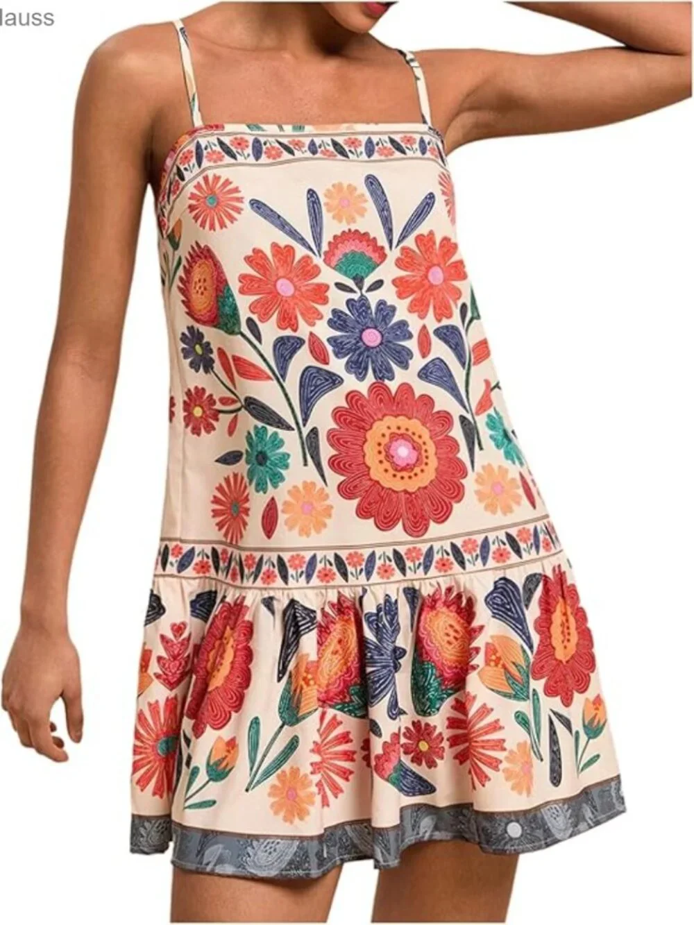 Floral Boho Mini Dress Spaghetti Strap Ruffle Hem Casual Summer